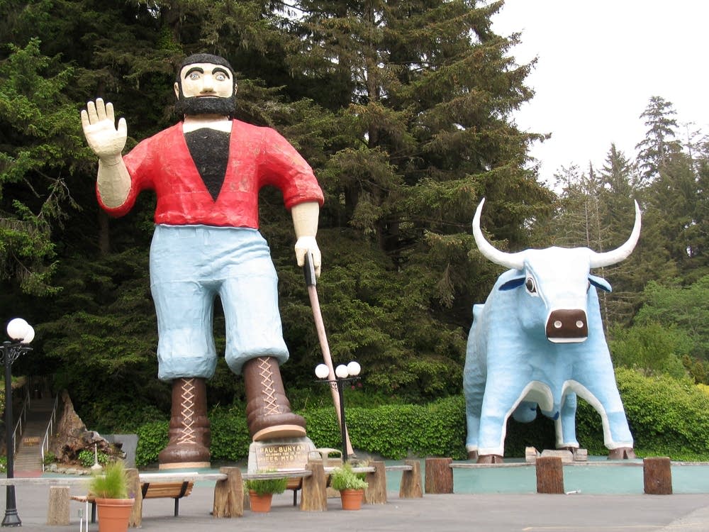 The woodsman and ox welcome guests at the Trees of Mystery nature attraction in Klamath, Ca